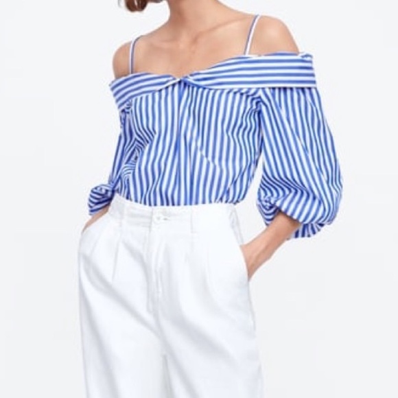 Zara Tops Zara Blue And White Striped Open Shoulder Top Poshmark